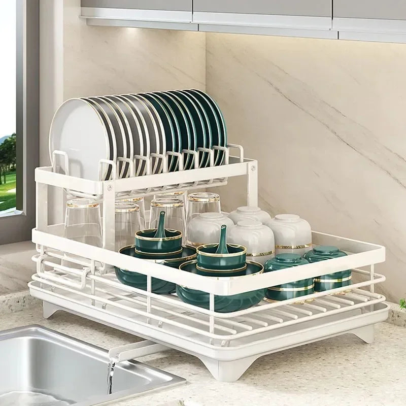 Adjustable Dish Drying Rack & Drainboard Organizer for Kitchen Plates