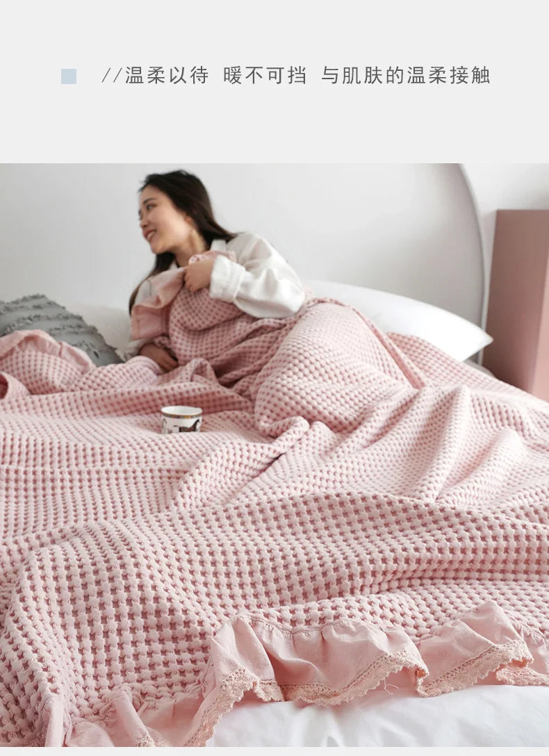 100% Cotton Soft Bed Plaid Home Japenese Knitted Blanket Corn Grain Waffle Embossed Summer Ruffles Warm Plaid Throw Bedspread