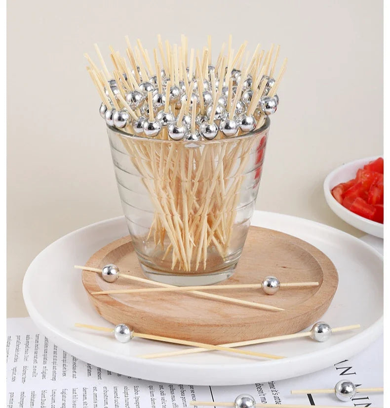 100pcs 12cm Gold Beads Bamboo Fruit Sticks Fruit Salad Snack Fork Cocktail Decor Cake Buffet Toothpicks Party Tableware Supplies