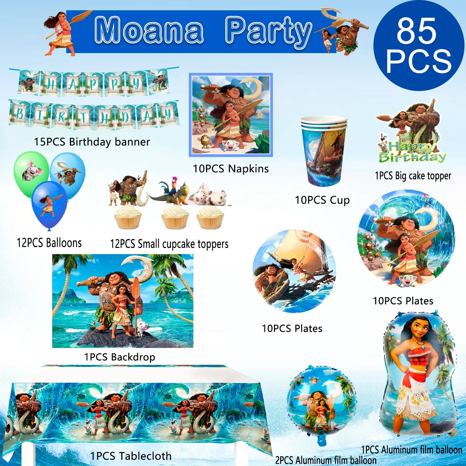 Moana Birthday Party Supplies,85pcs Decorations and Tableware Set-Moana Plates and Napkins Cups Table Cloth Banner Backdrop etc