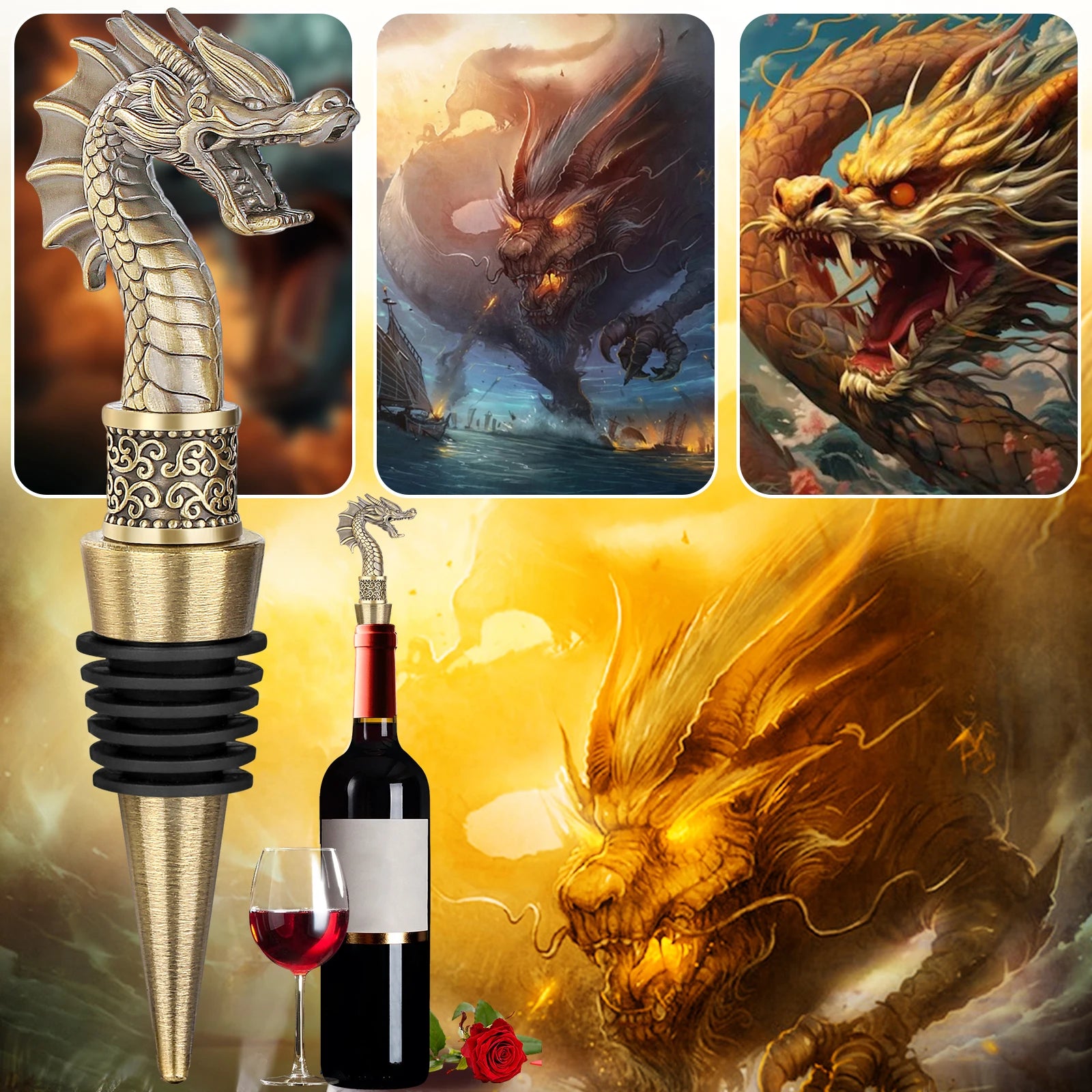 LKKCHER Useful 2-in-1 Dragon Head Wine Stopper and Opener Fashion Home Bar Ornaments Bottle Saver 2024 New Year Gifts for Men