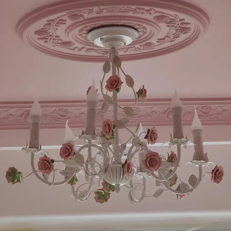 Rural Bedroom Chandelier French Living Room Children's Room Iron Flowers Plants Warm American Retro Fresh Ceramic Pendant Lamps