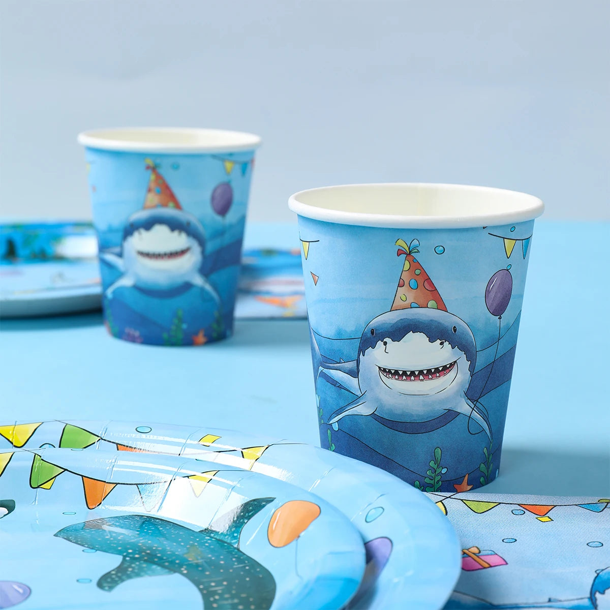 Shark Party Disposable Tableware Set Plates Cups Ocean Shark Birthday Party Decor Kids Boy Baby Shower Party Decor Supplies