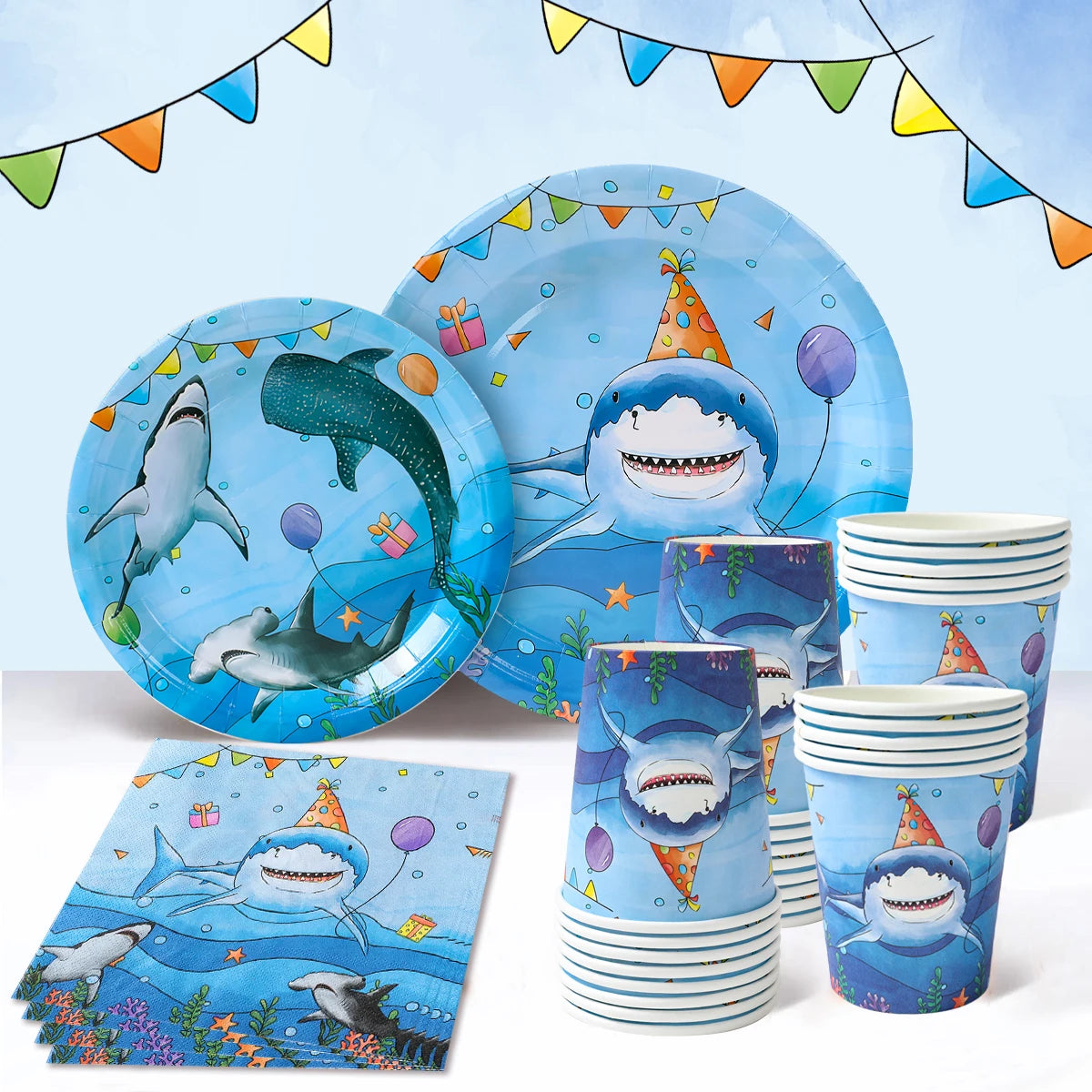 Shark Party Disposable Tableware Set Plates Cups Ocean Shark Birthday Party Decor Kids Boy Baby Shower Party Decor Supplies