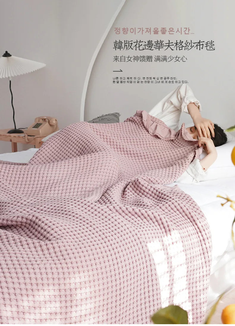100% Cotton Soft Bed Plaid Home Japenese Knitted Blanket Corn Grain Waffle Embossed Summer Ruffles Warm Plaid Throw Bedspread