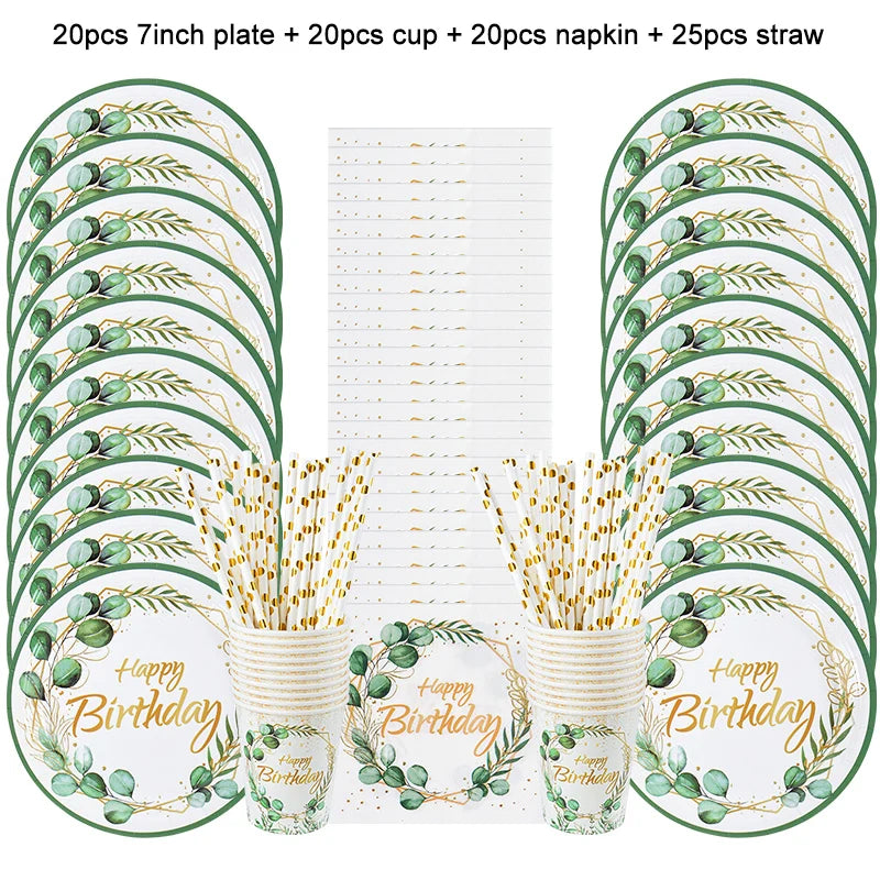 Green Eucalyptus Leaf Disposable Tableware Set Paper Plate Cup Napkin Kids Adult Birthday Supplies Hawaiian Summer Party Decor