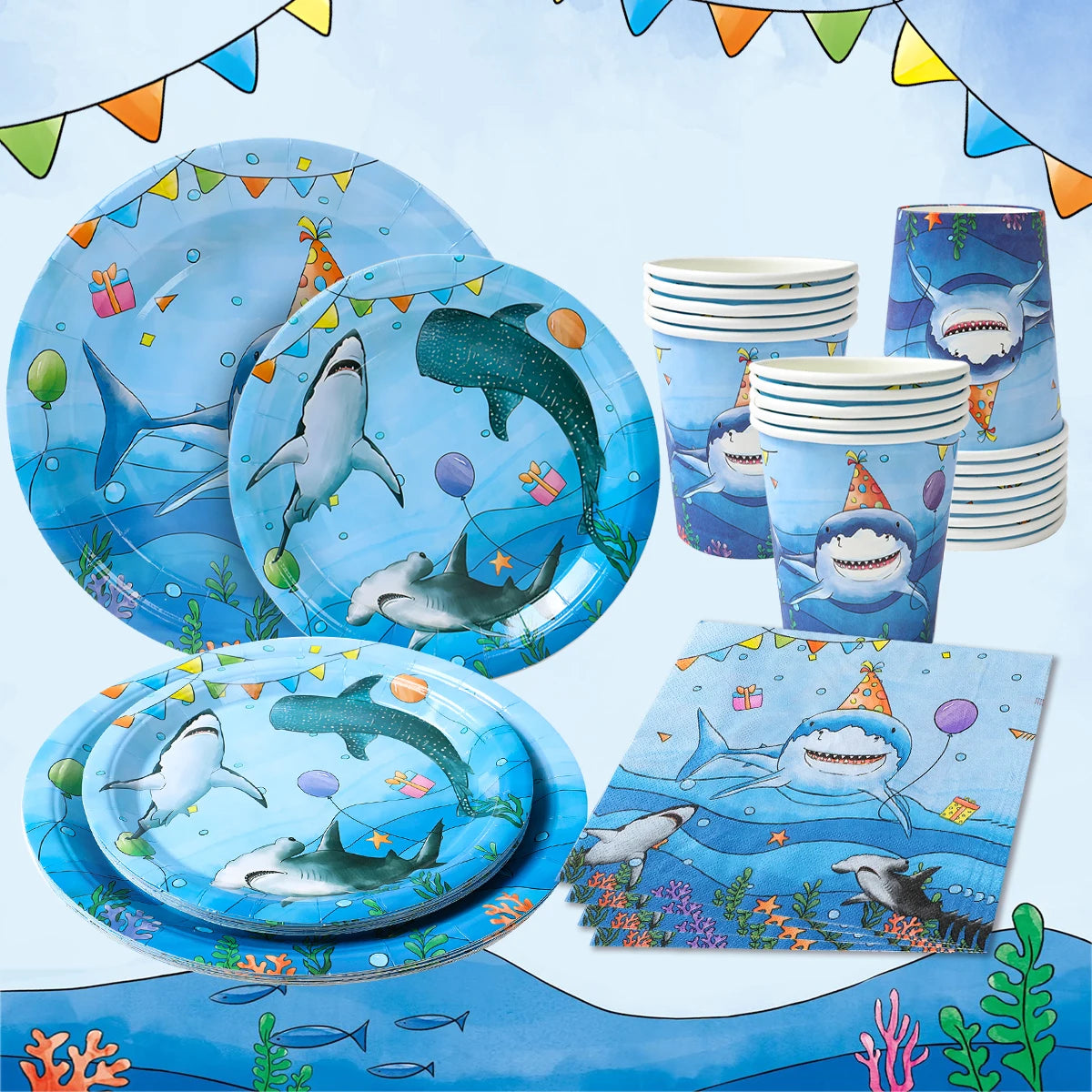 Shark Party Disposable Tableware Set Plates Cups Ocean Shark Birthday Party Decor Kids Boy Baby Shower Party Decor Supplies
