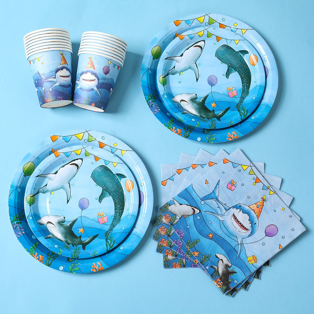 Shark Party Disposable Tableware Set Plates Cups Ocean Shark Birthday Party Decor Kids Boy Baby Shower Party Decor Supplies
