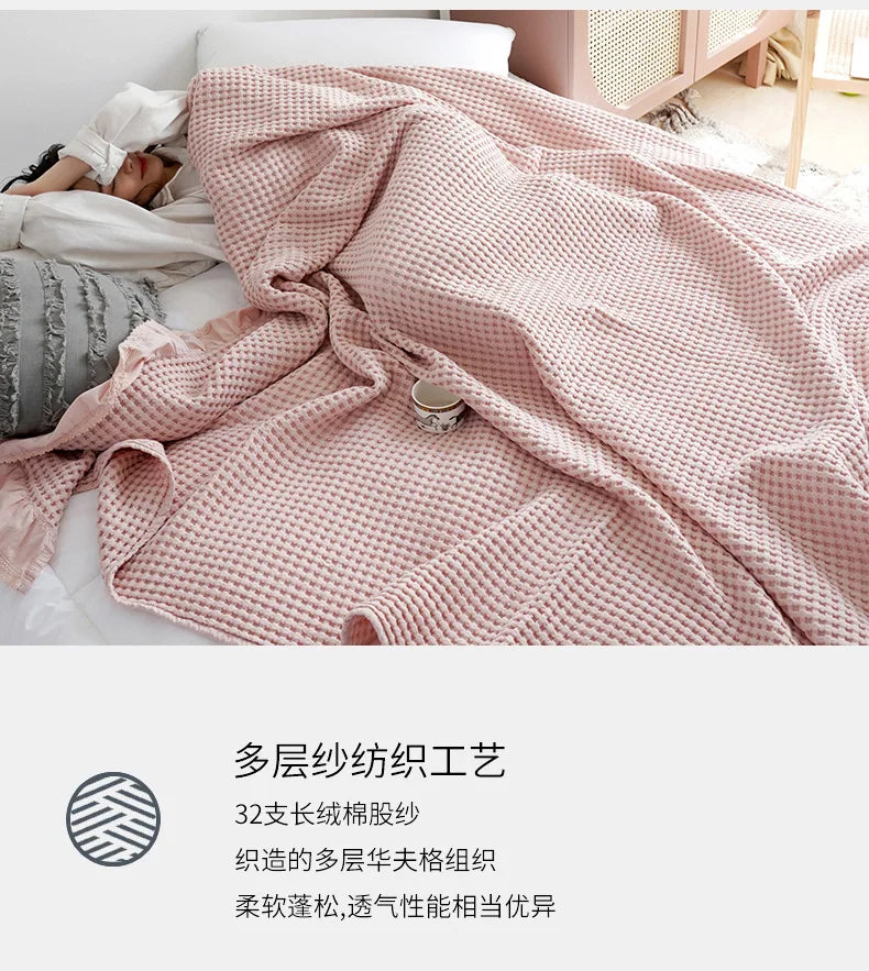 100% Cotton Soft Bed Plaid Home Japenese Knitted Blanket Corn Grain Waffle Embossed Summer Ruffles Warm Plaid Throw Bedspread