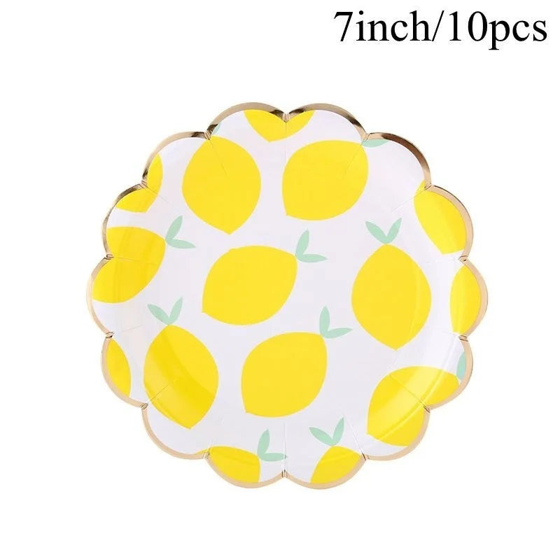 Lemon Disposable Tableware Paper Cups Plates Cake Toppers for Summer Lemon Happy Birthday Pool Party Decoration DIY Cake Supply