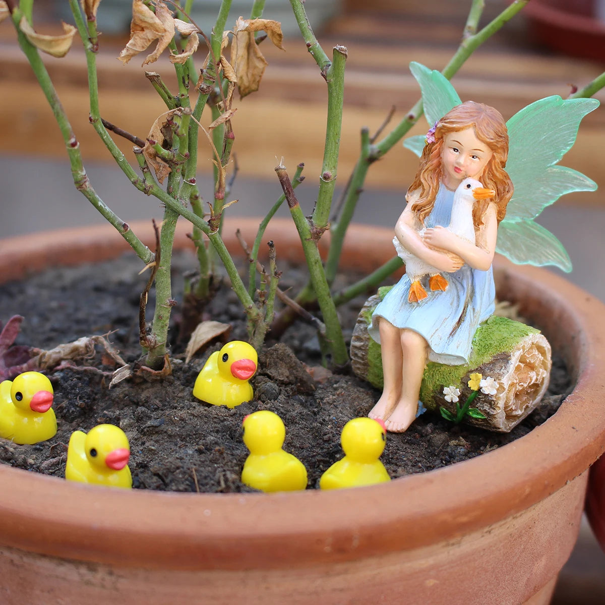 1 set of flower fairy holding duck landscape, outdoor fairy tale mini garden decoration handicraft flower pot accessories, fairy