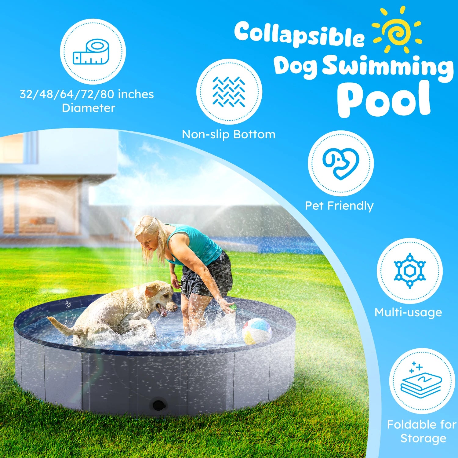 Portable Dog Pool, Foldable Pet Swimming Tub, Anti-Slip Collapsible Pet Bathtub
