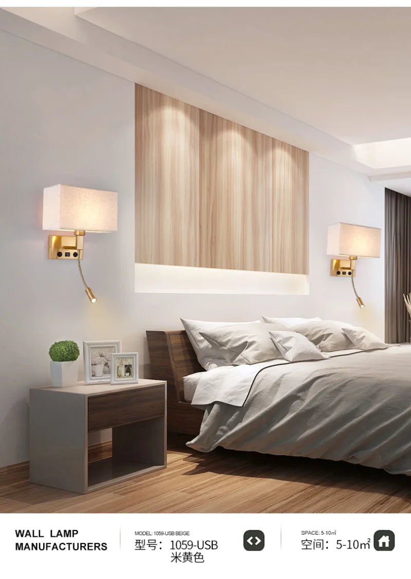 Modern Bedroom Bedside Hotel Wall Lamp Decoration Fabric Sconce Lights Reading Lighting Spotlight Simple Cotton Luminaire Indoor