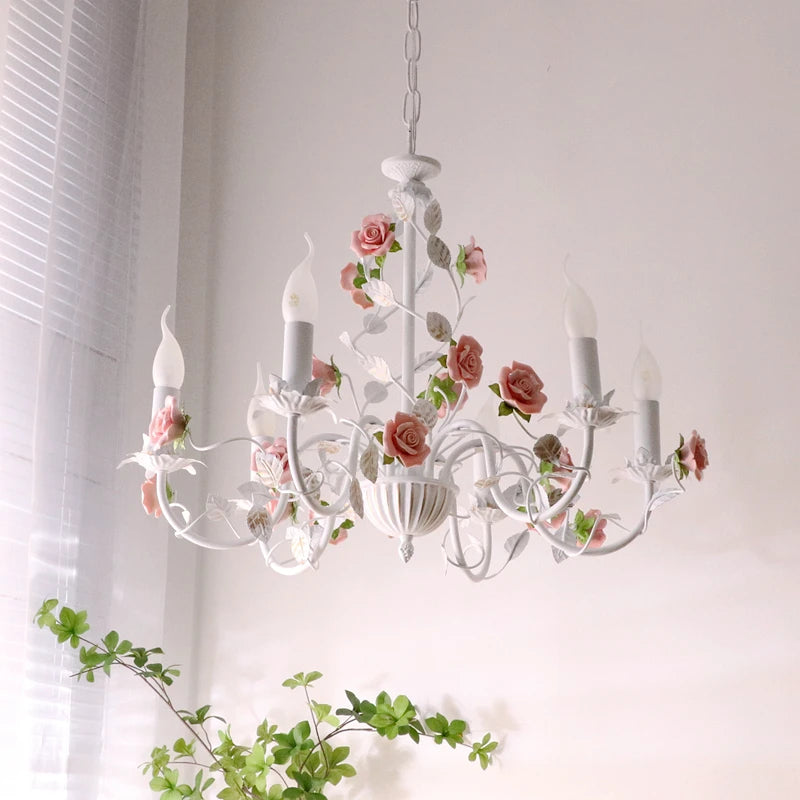 Rural Bedroom Chandelier French Living Room Children's Room Iron Flowers Plants Warm American Retro Fresh Ceramic Pendant Lamps