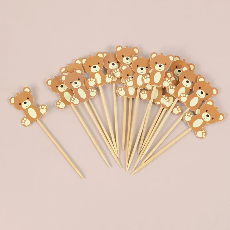 20Pcs Cute Bear Disposable Bamboo Food Pick Baby Shower Santa Dessert Fruit Salad Toothpick Birthday Party Decoration Supplies