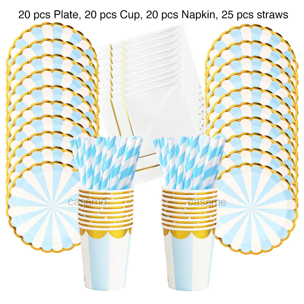 Light Pink Blue Baby Shower Girl Boy Guest Party Happy Birthday Disposable Tableware Set Paper Plate Cup Birthday Decoration