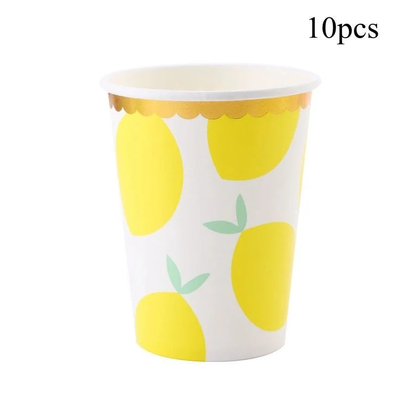 Lemon Disposable Tableware Paper Cups Plates Cake Toppers for Summer Lemon Happy Birthday Pool Party Decoration DIY Cake Supply
