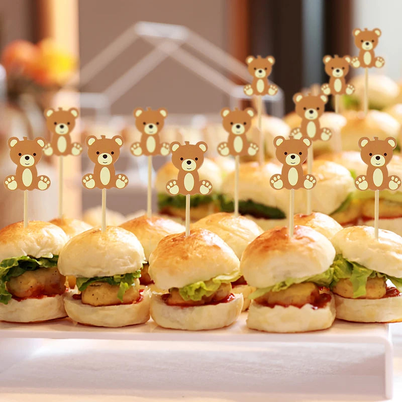 20Pcs Cute Bear Disposable Bamboo Food Pick Baby Shower Santa Dessert Fruit Salad Toothpick Birthday Party Decoration Supplies