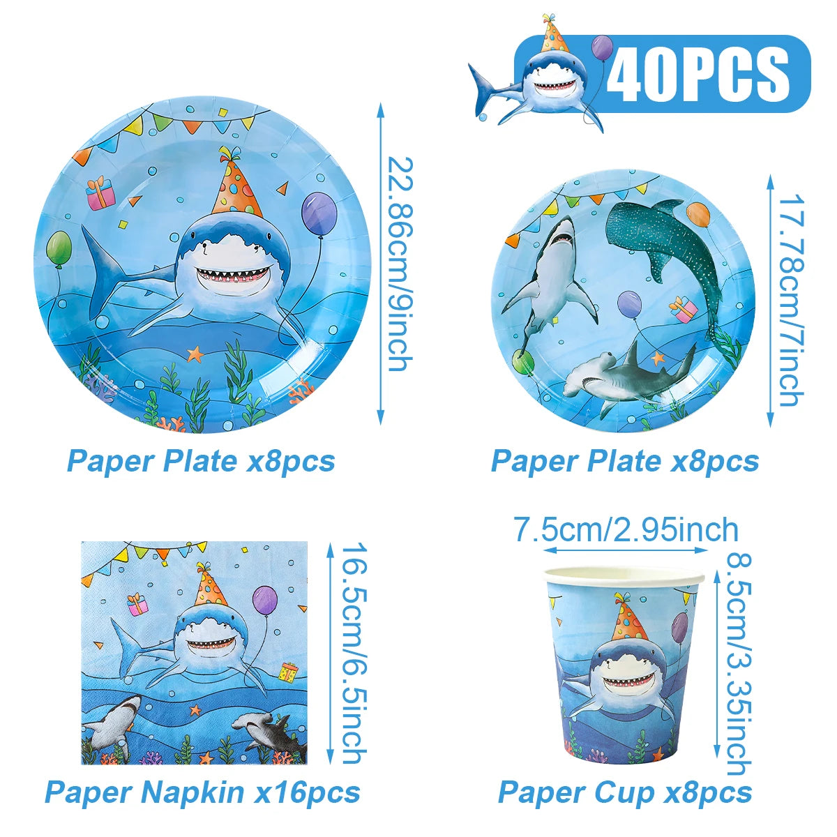 Shark Party Disposable Tableware Set Plates Cups Ocean Shark Birthday Party Decor Kids Boy Baby Shower Party Decor Supplies