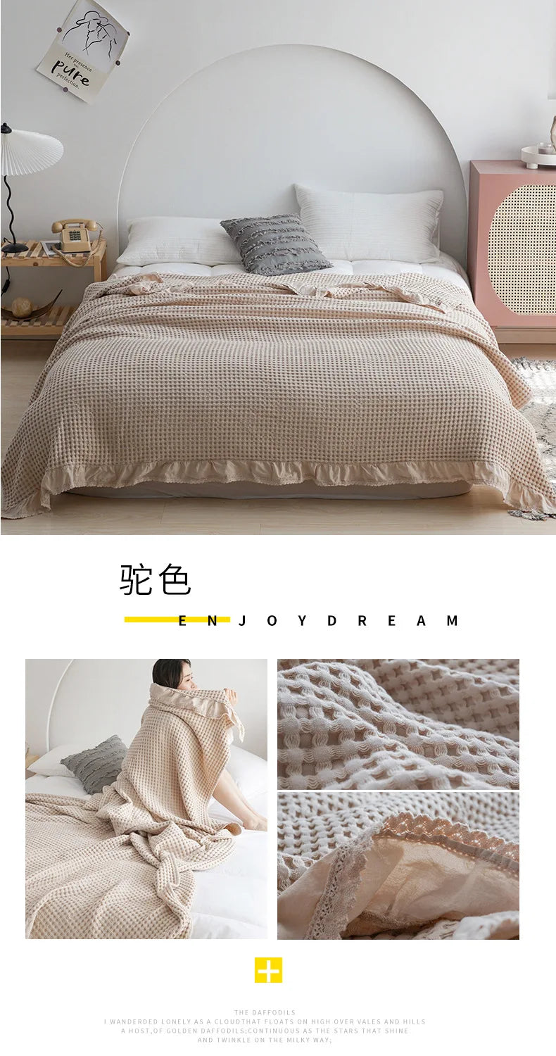 100% Cotton Soft Bed Plaid Home Japenese Knitted Blanket Corn Grain Waffle Embossed Summer Ruffles Warm Plaid Throw Bedspread