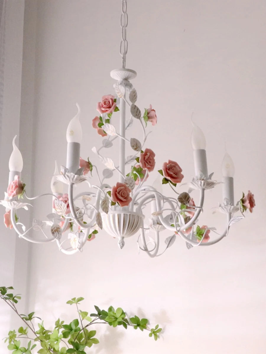 Rural Bedroom Chandelier French Living Room Children's Room Iron Flowers Plants Warm American Retro Fresh Ceramic Pendant Lamps