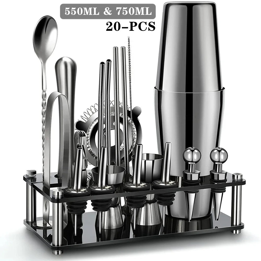 Boston Cocktail Shaker Set 20-Piece Bartender Kit for Home Bar Drink Wine Martini Mixer Cocktail Shaker Bartender Tool 550&750ML