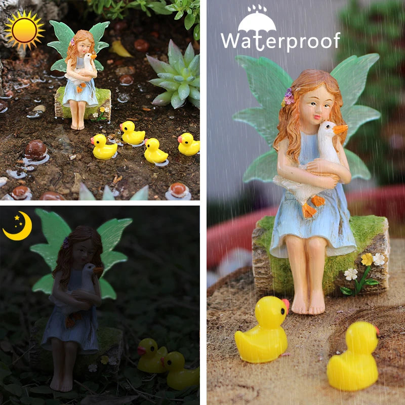 1 set of flower fairy holding duck landscape, outdoor fairy tale mini garden decoration handicraft flower pot accessories, fairy