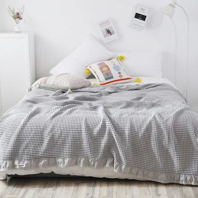 100% Cotton Soft Bed Plaid Home Japenese Knitted Blanket Corn Grain Waffle Embossed Summer Ruffles Warm Plaid Throw Bedspread