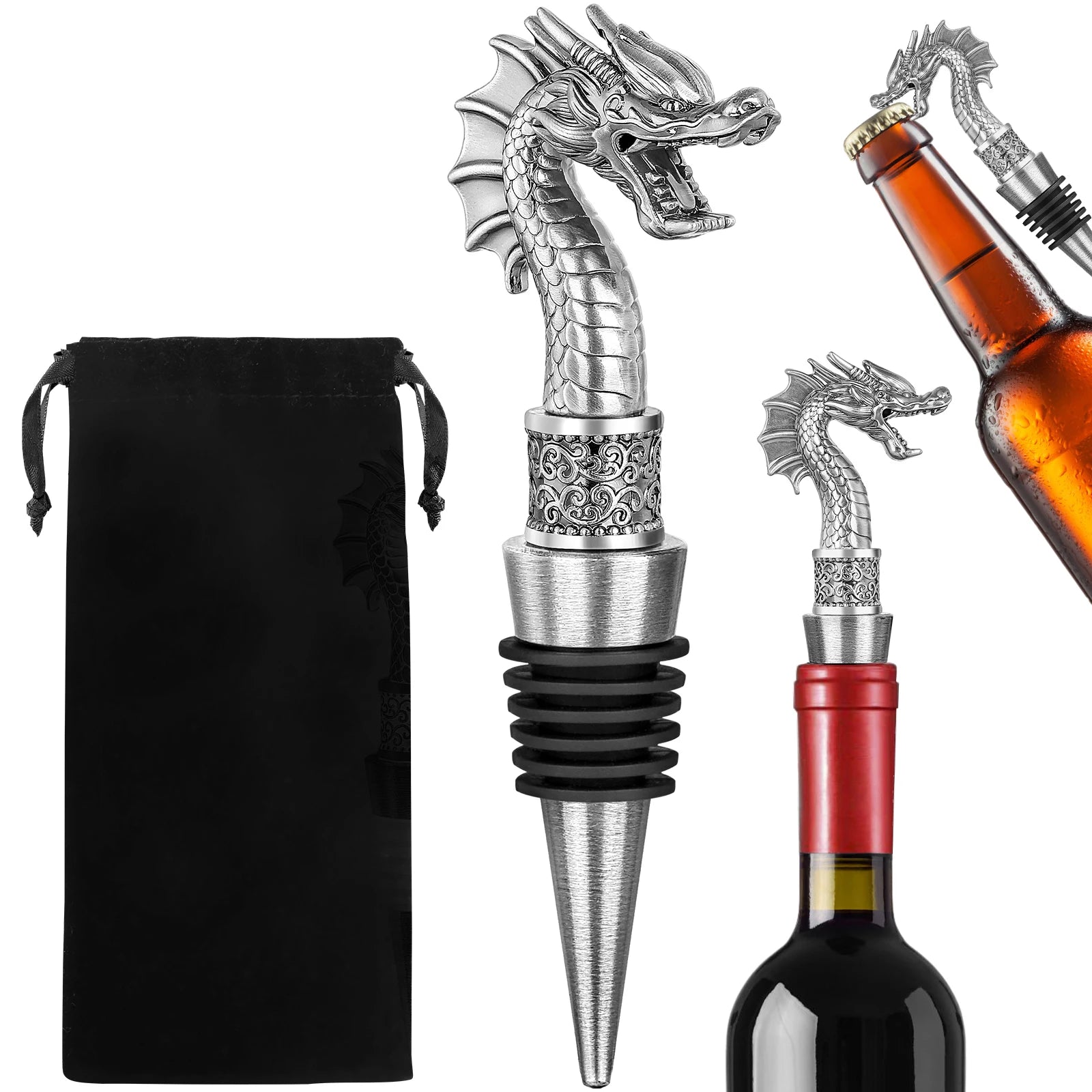 LKKCHER Useful 2-in-1 Dragon Head Wine Stopper and Opener Fashion Home Bar Ornaments Bottle Saver 2024 New Year Gifts for Men
