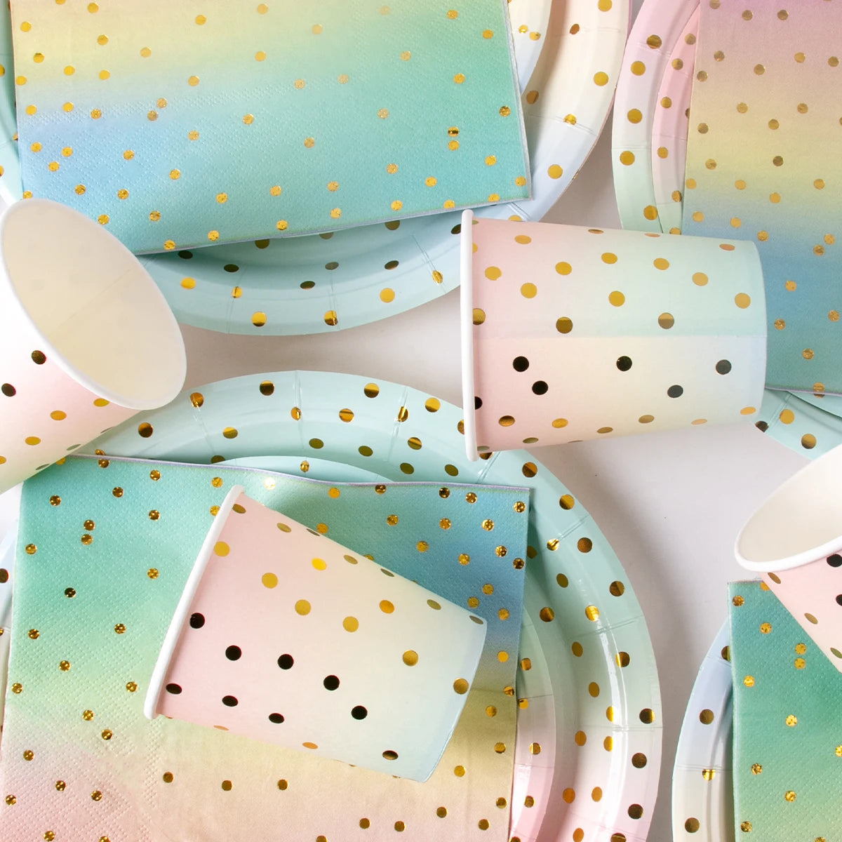 Rainbow Pastel Disposable Tableware Set Gold Glitter Happy Birthday Pattern Paper Plate Cup Napkins for Birthday Party Supplies