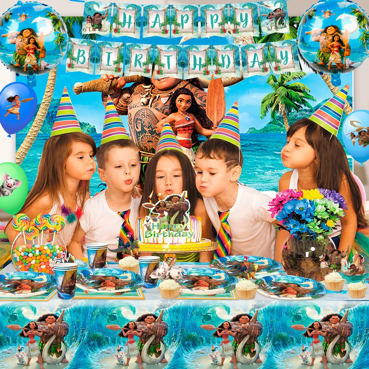 Moana Birthday Party Supplies,85pcs Decorations and Tableware Set-Moana Plates and Napkins Cups Table Cloth Banner Backdrop etc
