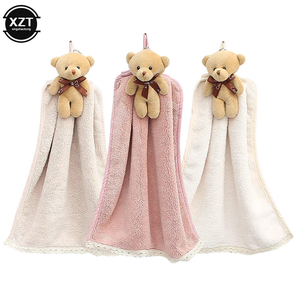 Cute Bear Quick-Dry Hand Towel Coral Fleece Holdable Kitchen Toilet Towel Absorbent Wipe Plush Hand Towel Bathroom Hanging Towel
