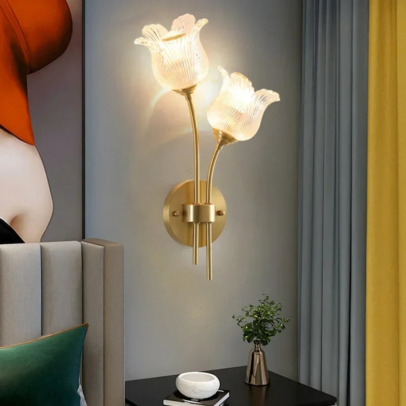 Bedroom headboard  lamp all copper American retro designer flower cream wind wall light room decor