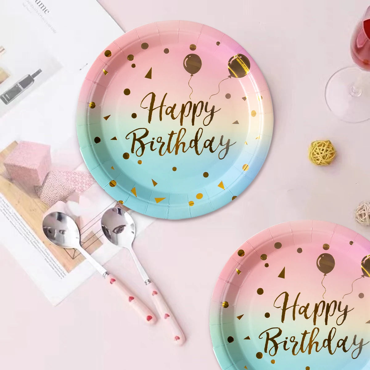 Rainbow Pastel Disposable Tableware Set Gold Glitter Happy Birthday Pattern Paper Plate Cup Napkins for Birthday Party Supplies