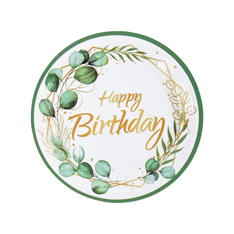 Green Eucalyptus Leaf Disposable Tableware Set Paper Plate Cup Napkin Kids Adult Birthday Supplies Hawaiian Summer Party Decor