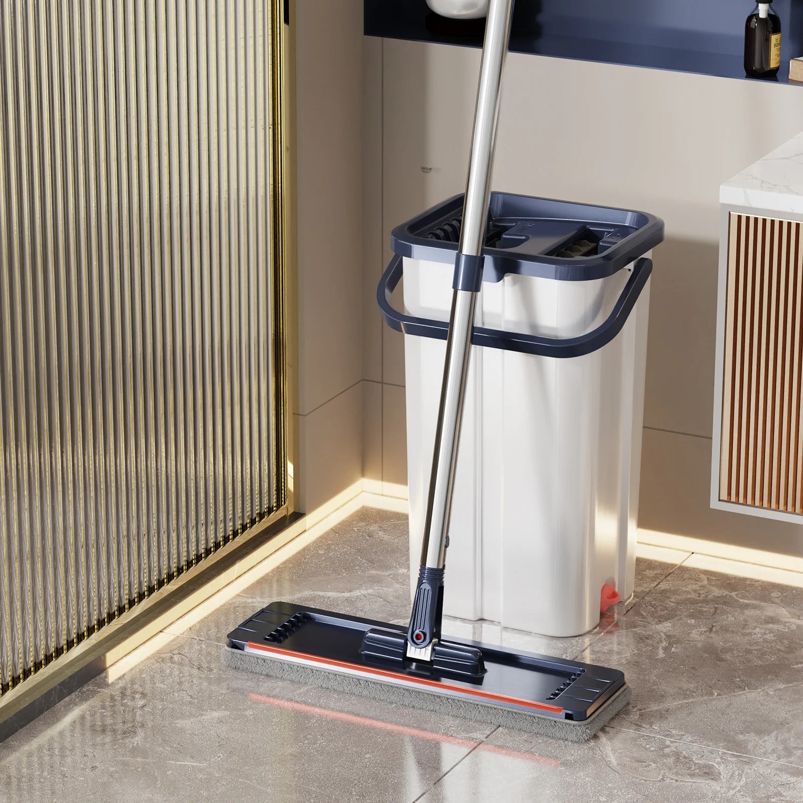 Floor Flat Squeeze Mop with Bucket Hand Free Lazy Cleaning Mop Microfiber 360 Rotating Self-Wringing Mop House Cleaning