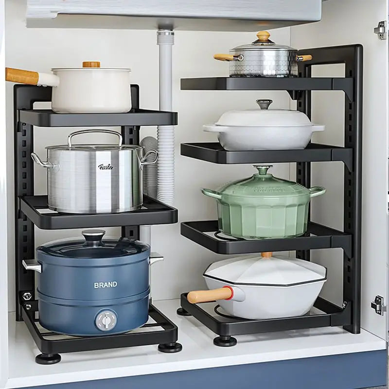 The Kitchen Is Equipped with Stainless Steel Shelves, Storage Racks, Sinks, and Multi-layered Household CabinetsKitchenOrganizer