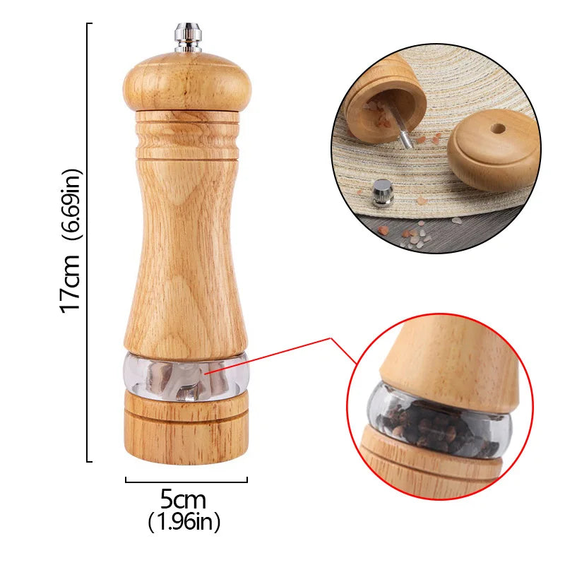 6-inch Manual Pepper Grinder Rubber Wood Acrylic Salt Shakers Adjustable Ceramic Rotor-Refillable Oak Spice Salt Grinding Bottle