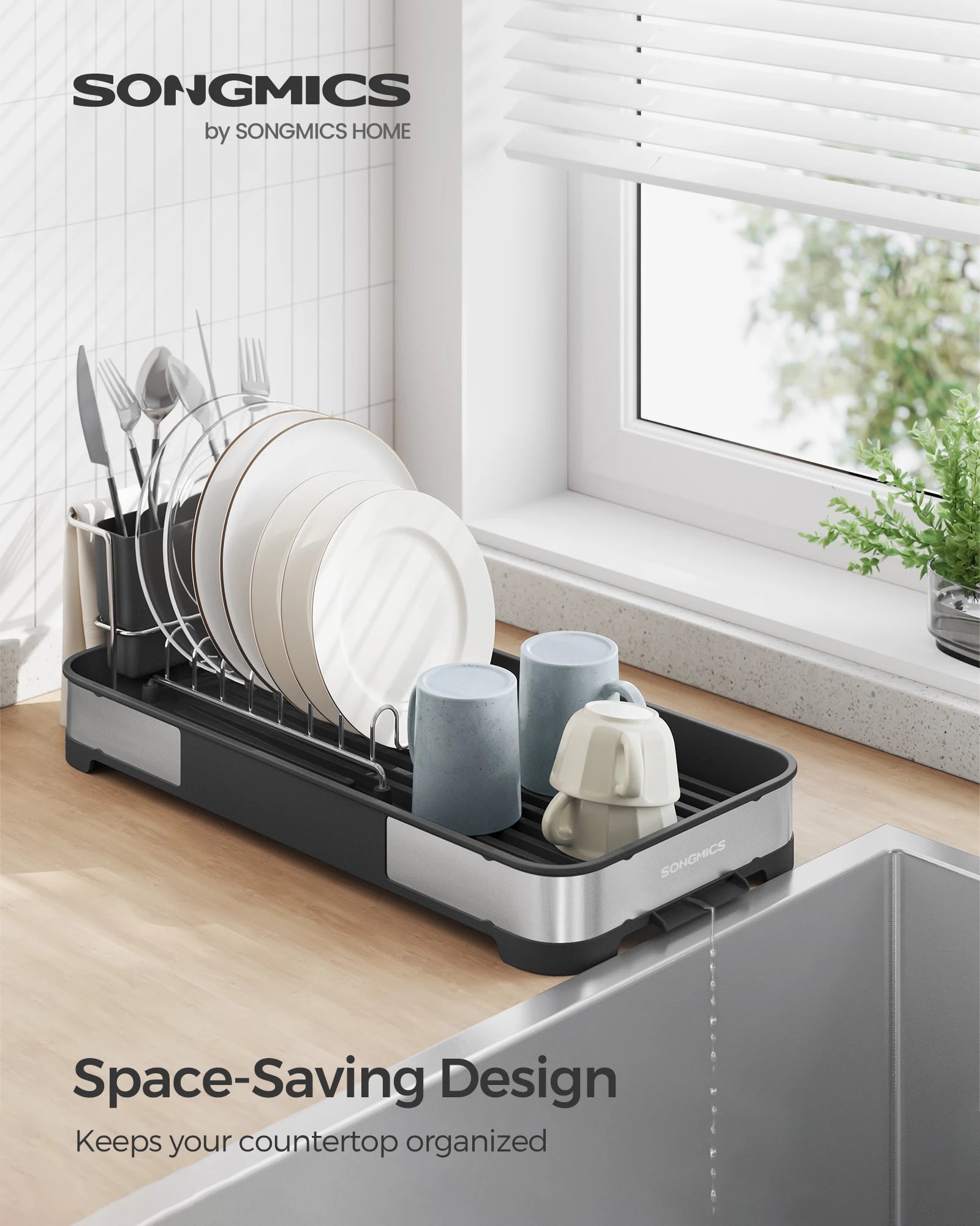 SONGMICS Small Dish Drying Rack, Dish Dryer for Kitchen Counter, Stainless Steel Dish Rack with Drain, Utensil Holder,Rustproof