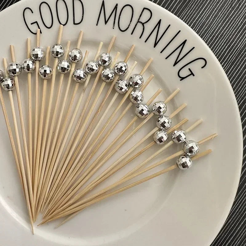 100pcs 12cm Gold Beads Bamboo Fruit Sticks Fruit Salad Snack Fork Cocktail Decor Cake Buffet Toothpicks Party Tableware Supplies