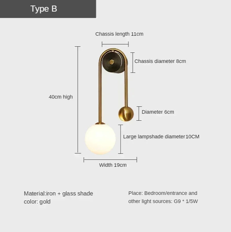 Modern Bedroom Bedside Wall Light Lamp Glass Ball  LED Gold Home Decor Living Room Corridor Interior Lighting Sconce Luminaire