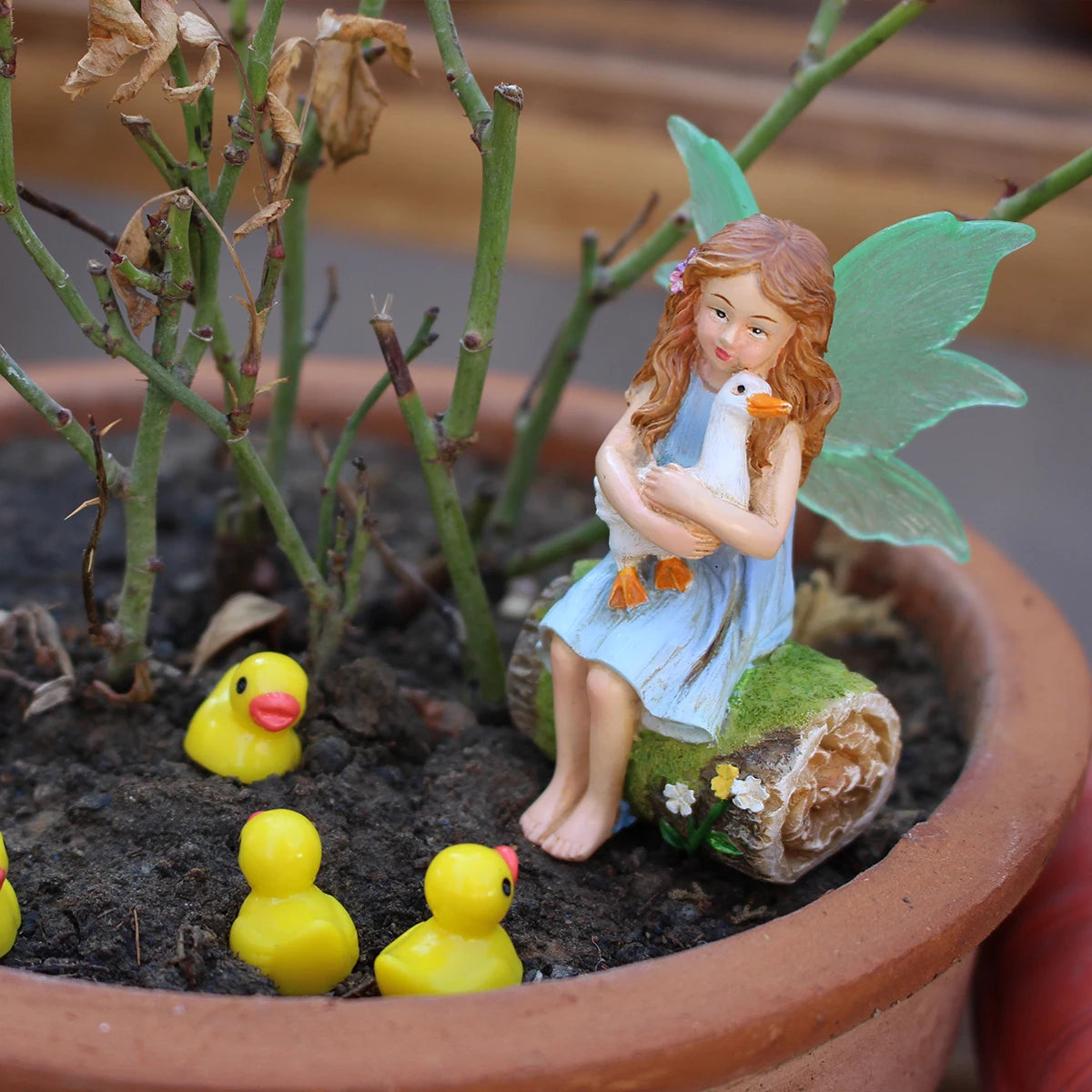 1 set of flower fairy holding duck landscape, outdoor fairy tale mini garden decoration handicraft flower pot accessories, fairy