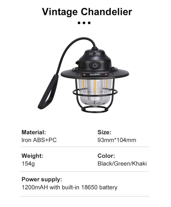 Portable Camping Lanterns Retro Hanging Tent Lamp Waterproof Dimmable Camping Light 1200mAh for Hiking Fishing Emergency Lantern