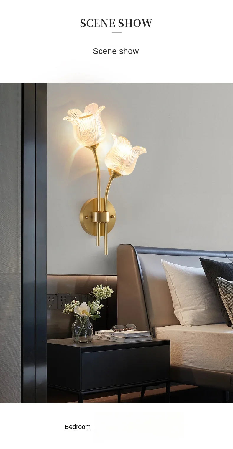 Bedroom headboard  lamp all copper American retro designer flower cream wind wall light room decor