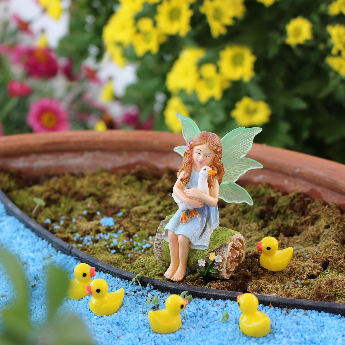 1 set of flower fairy holding duck landscape, outdoor fairy tale mini garden decoration handicraft flower pot accessories, fairy