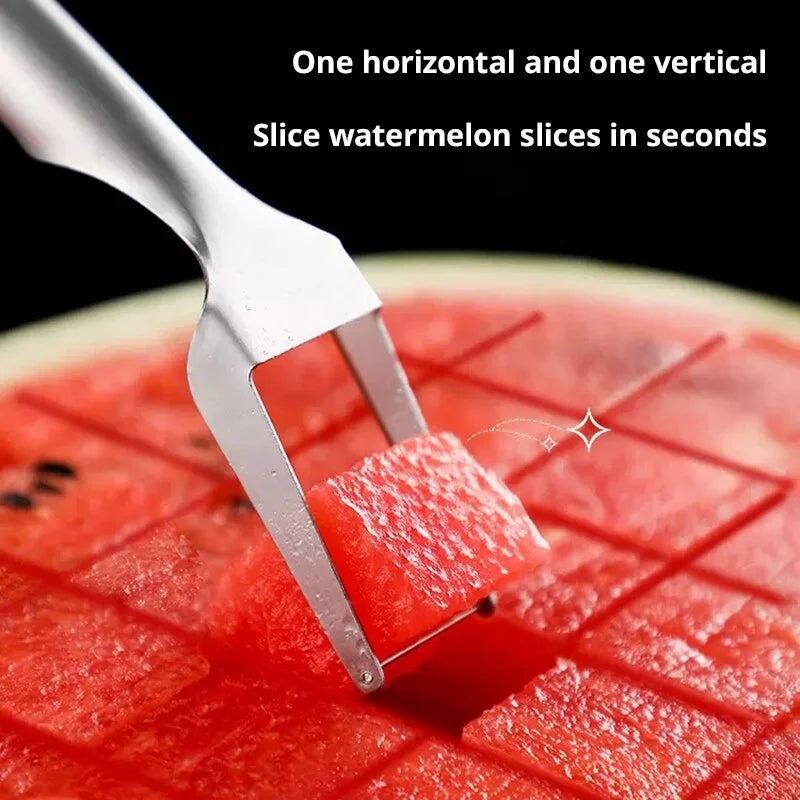2 In 1 Multi-Purpose Portable Watermelon Slicer Cutter Knife Stainless Steel Kitchen Fruit Cutting Fork
