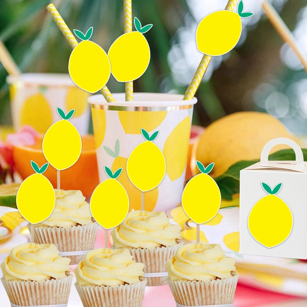 Lemon Disposable Tableware Paper Cups Plates Cake Toppers for Summer Lemon Happy Birthday Pool Party Decoration DIY Cake Supply