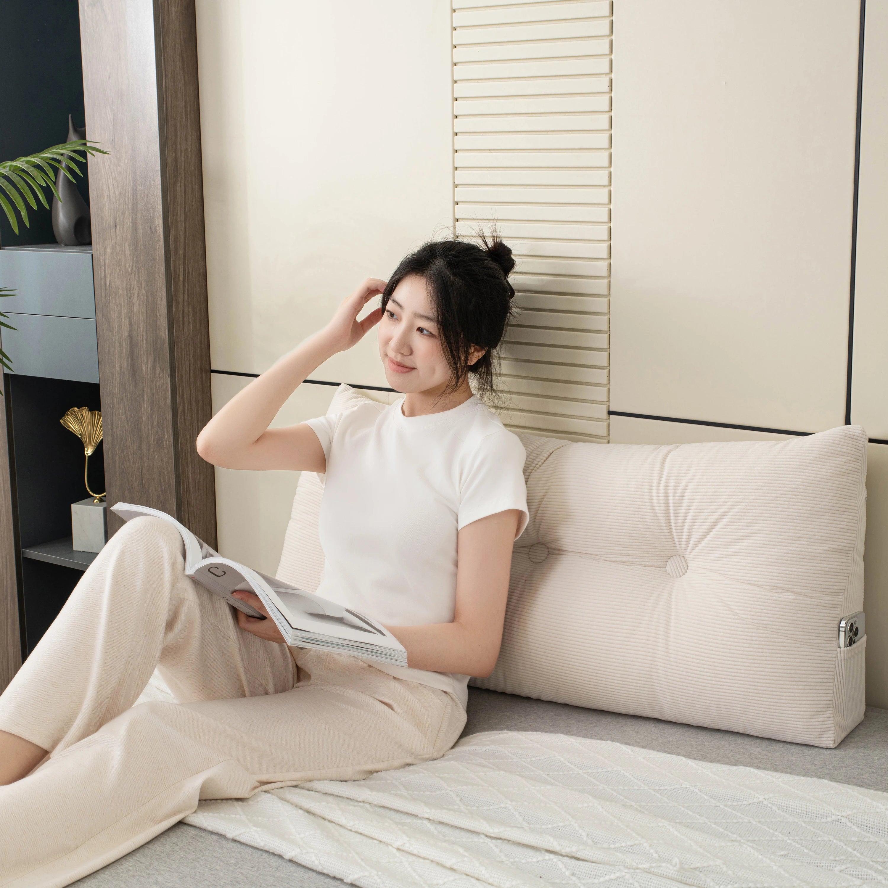 Reading Pillow for Bed, Reading Pillow for Bed, Memory Foam Back Pillow for Bed Sitting Up, Rest Pillow with Arms and Pockets for