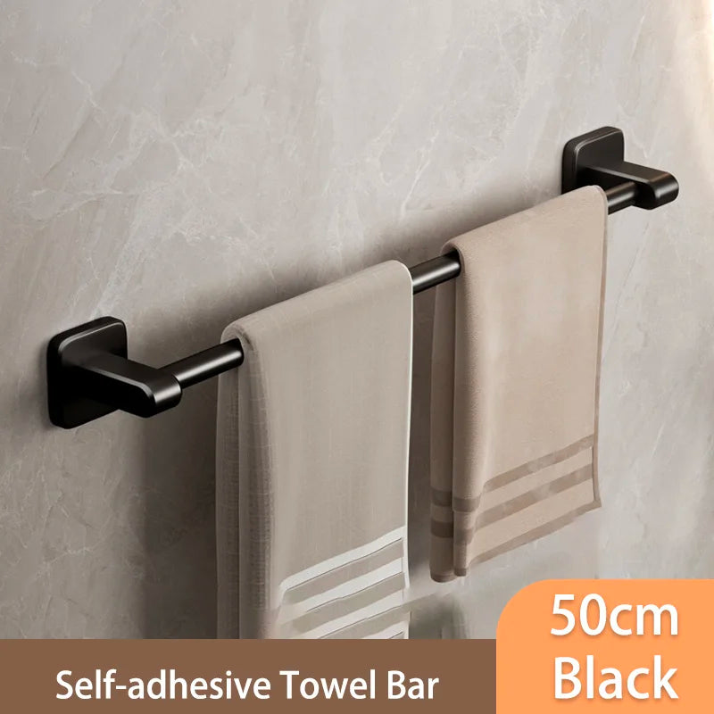 Self-Adhesive Bathroom Towel Rack Holder without Drilling Kitchen Cabinet Dishcloth Rack Black Aluminum Hand Towel Hanger Rod