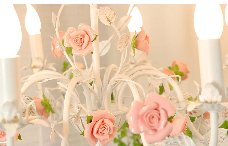 Rural Bedroom Chandelier French Living Room Children's Room Iron Flowers Plants Warm American Retro Fresh Ceramic Pendant Lamps